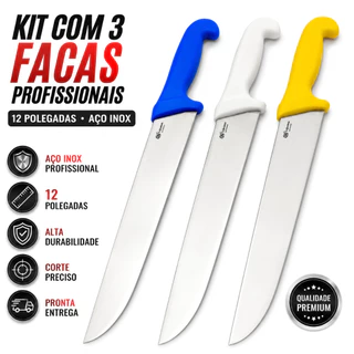 Kit 3 OU 2 Facas Açougue 12 Polegadas Profissional Para Carne Inox Premium
