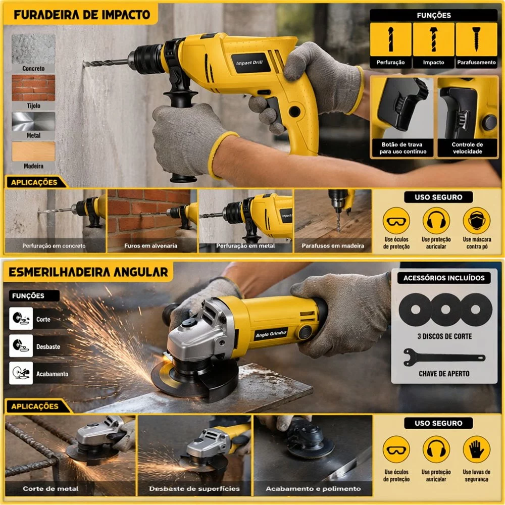 Kit 2 Peças Furadeira Parafusadeira e Esmerilhadeira Elétrica com Fio Alta Potência Ferramenta Profissional - Imagem 4