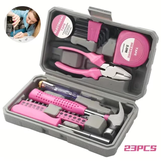 Kit Ferramentas Rosa 13/24 Peças Maleta Multifuncional para Reparos Domésticos, Trabalho e Projetos DIY