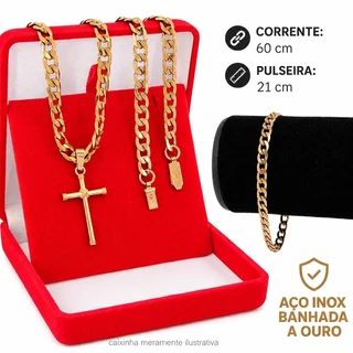Kit Corrente e Pulseira Masculina Aço Inox Ouro 18K Pingente Cruz