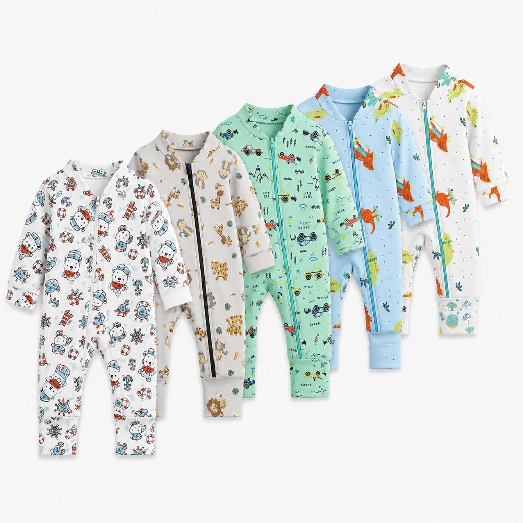Kit 5 Macacão Estampado Ziper Menino Bebê Algodão Vira Pé Inverno Verao Infantil Macio Macacões