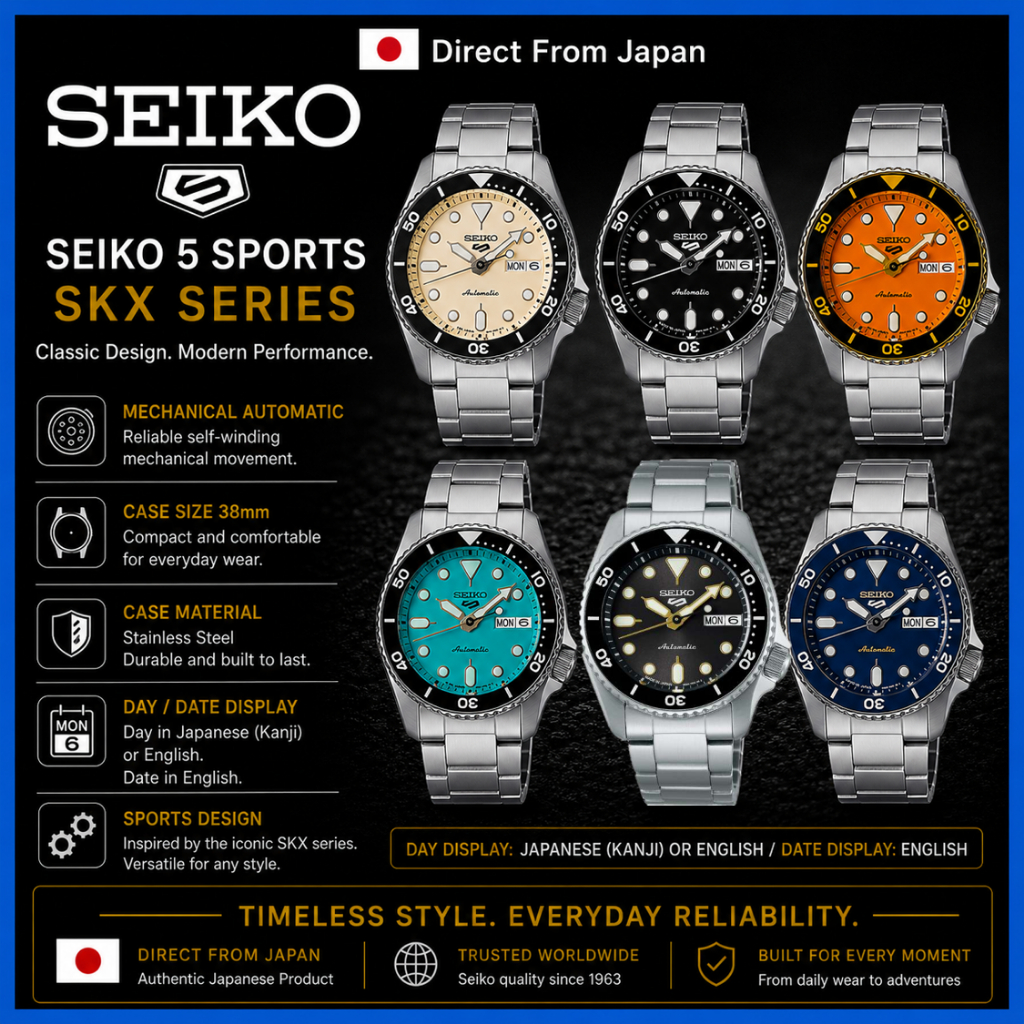Relógio masculino Seiko Five Sports SKX de tamanho médio, estilo
