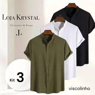 KIT 3 Camisa Social Masculina Gola Padre de Luxo Com Manga Curta ViscoLinho Tecido Premium