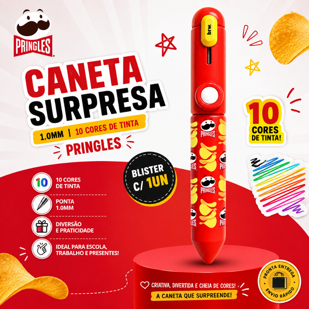 Caneta Surpresa Pringles 10 Cores de Tinta 1.0mm Divertida Escolar Colecionável