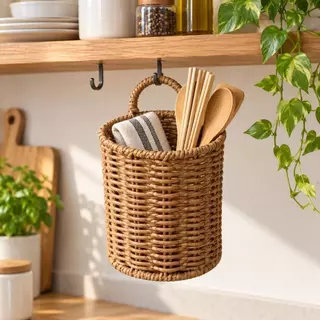 Cesta Organizadora Pendurável de Plástico Estilo Palha para Utensílios Cozinha Banheiro e Lavanderia