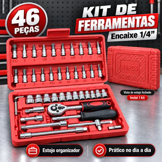 Jogo De Soquete 46 Peças Catraca Reversível 1/4 Kit Ferramentas Maleta Chaves Automotivo Residencial Conjunto de Chaves