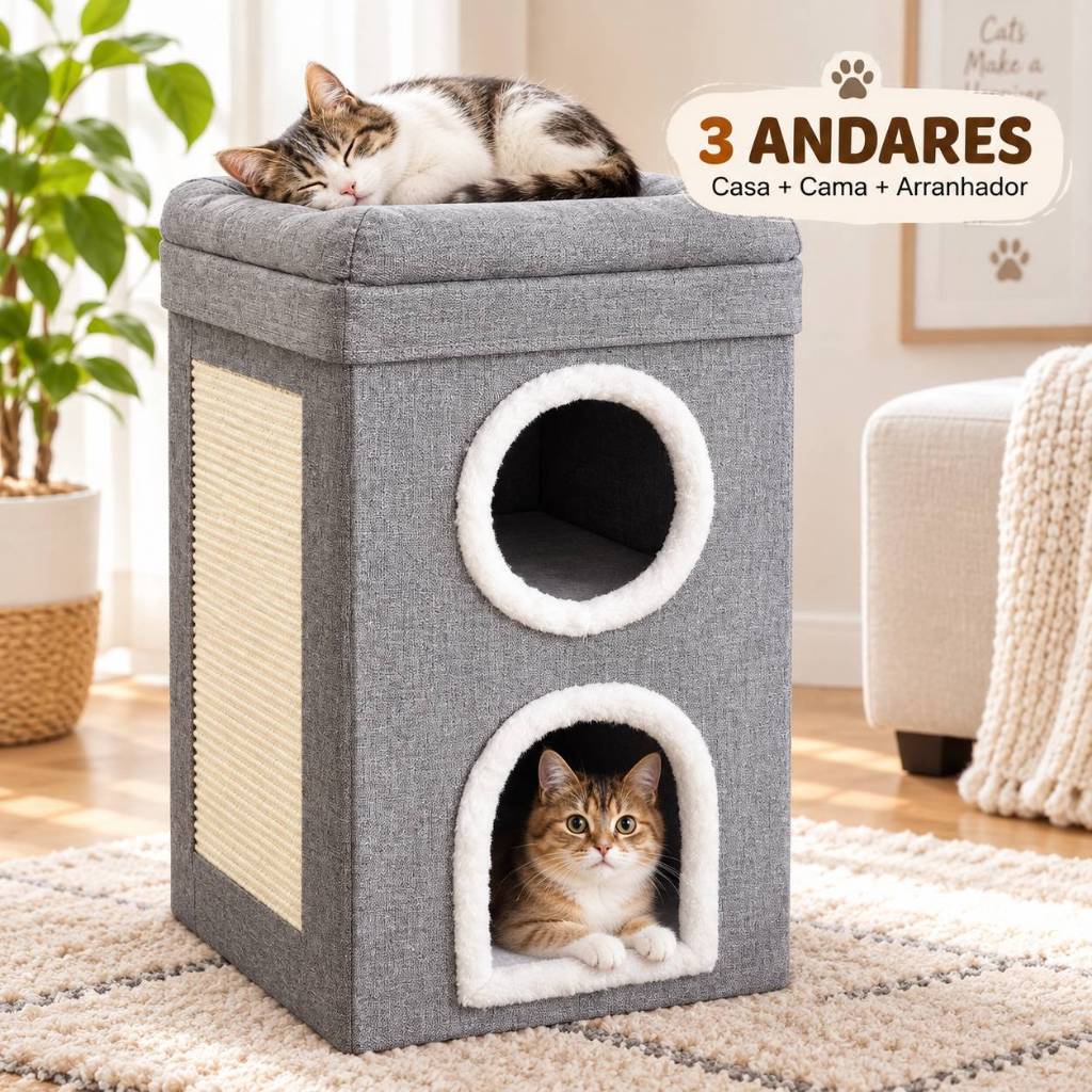 Casa Arranhador Torre para Gatos 3 Andares Cama 2 Tocas Dobrável ...