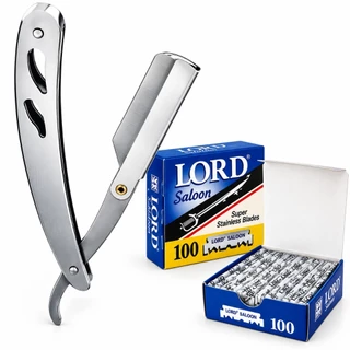 Kit Navalhete Profissional Barbeiro Inox + 100 Meias Lâminas Lord Saloon Barbear