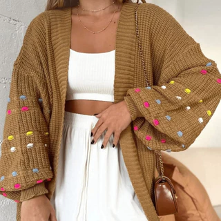 Casaco Feminino de tricôt linho manga colorido bufantes Largo