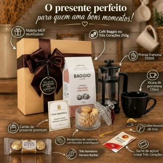 Kit Cesta Café Gourmet Presente Baggio ou Três Corações. Maleta Prensa Francesa Xícara Cartão
