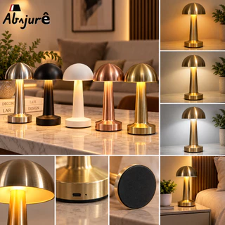 Luminária de Mesa Abajur Cabeceira Escrivaninha Cogumelo Recarregável USB Preto Cromado Dourado
