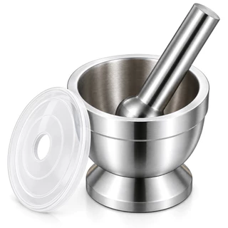 Pilão de Inox com Socador e Tampa Transparente para Amassar Alho, Pimenta e Temperos Fácil de Limpar
