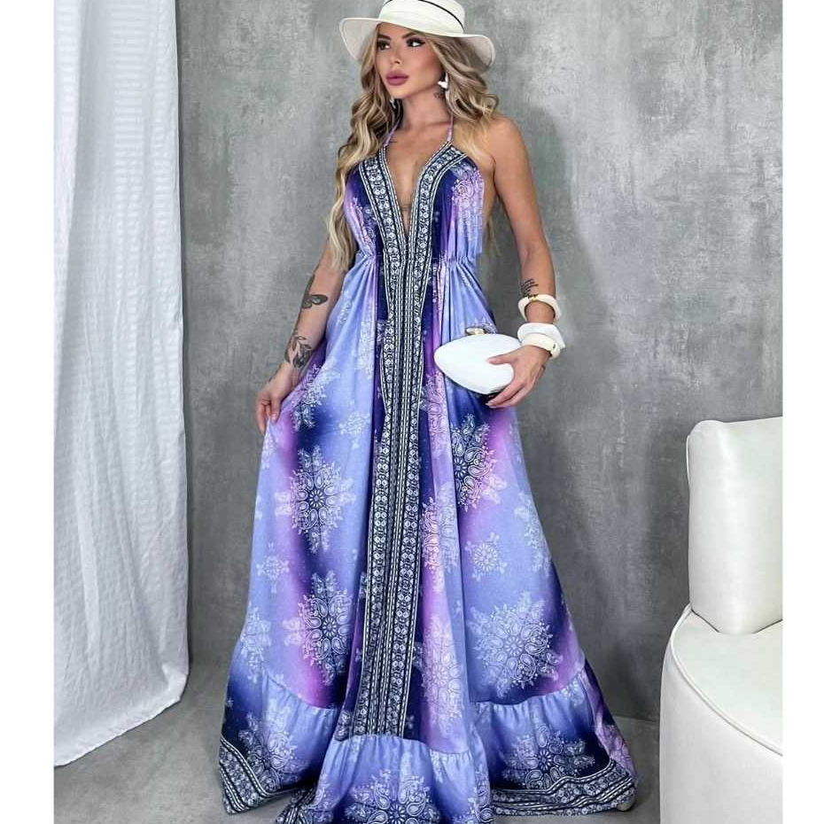 Vestido inspiração Indiano elegante Longo Estampado Feminino Moda Verão ...