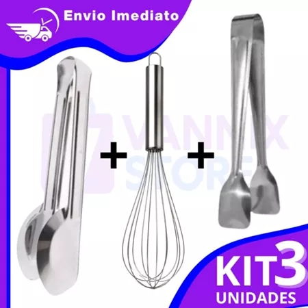 Kit Cozinha 3 Peças: Fuê Batedor + Pegador de Frios + Pegador Universal Inox
