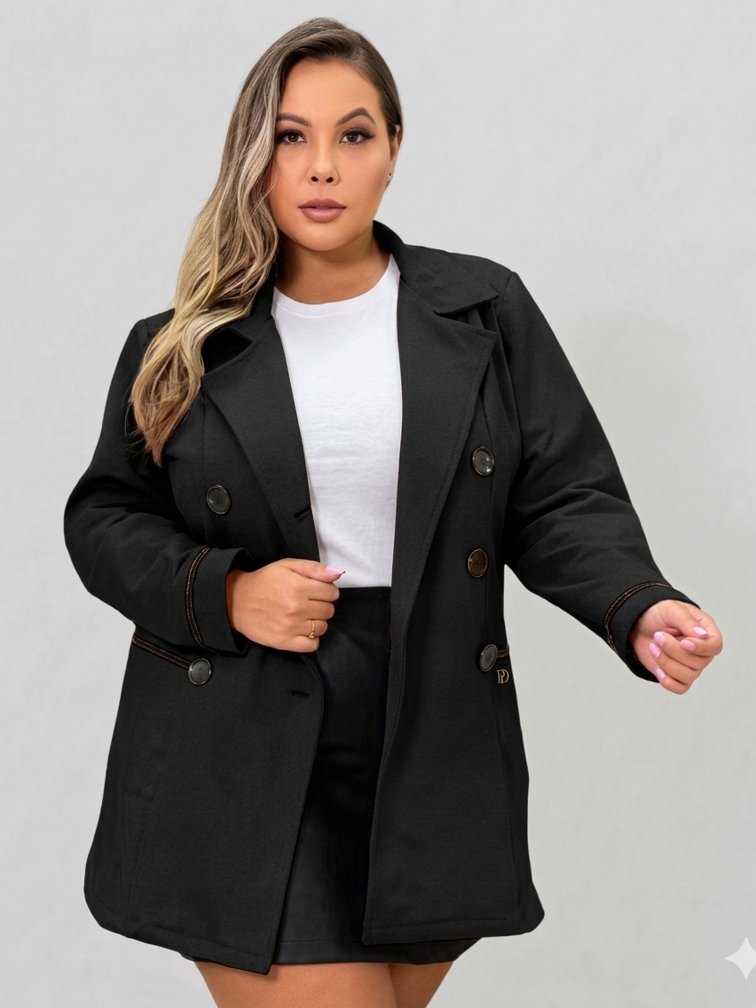 Casaco Longo Feminino Plus Size G1 G2 G3 LÃ BATIDA Com Botões E Bolsos Gola Redobrável Inverno Premium
