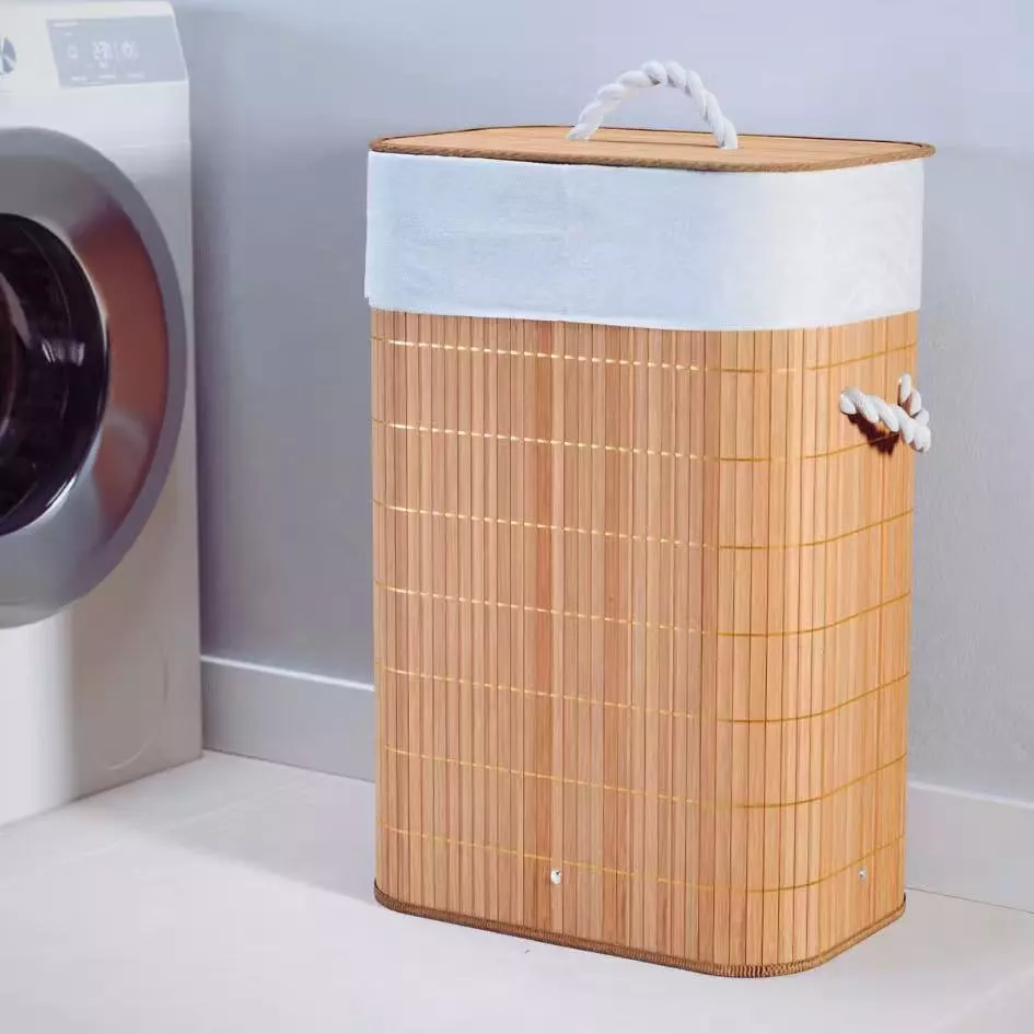 Cesto de roupa suja de bambu de 72 litros com tampa e alça para uso na sala de estar e no banheiro. - Imagem 2