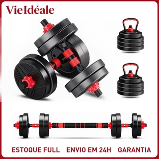 Kit 6 em 1 Musculação 15kg Halteres Anilhas Barras Kettlebell Ajustáveis Academia Treino
