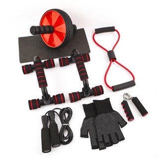 Kit Fitness 6/7 em 1 Roda Abdominal Flexão Corda Elástico Hand Grip Tapete Treino em Casa