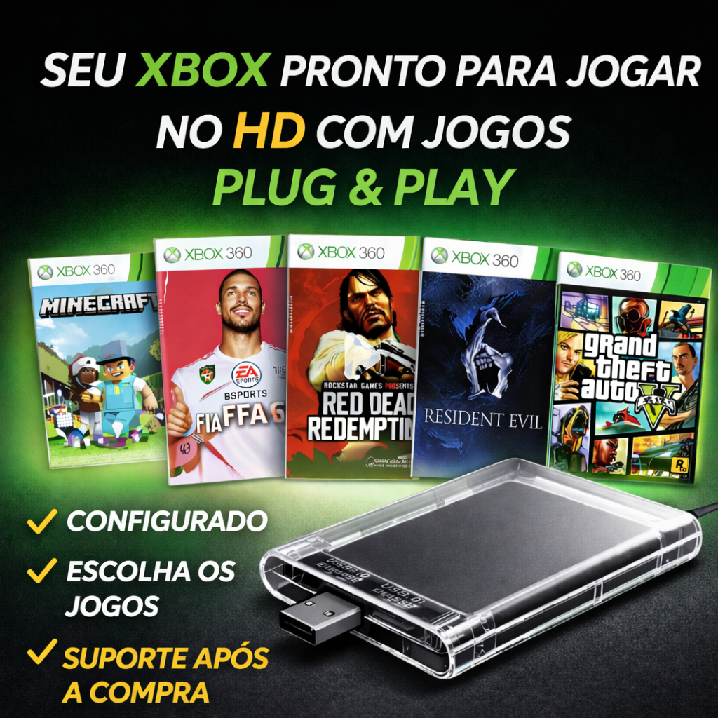 HD 500GB XBOX 360 C/ DESBLOQUEIO E 65 JOGOS PERSONALIZÁVEIS PRONTO PARA ...