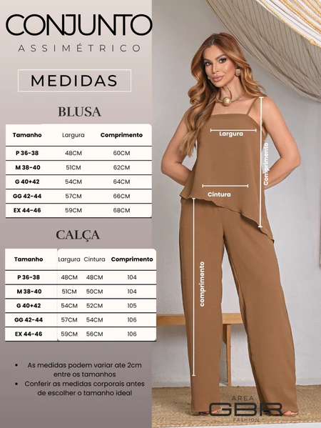 Conjunto Feminino Calça Wide Leg e Blusa Assimétrica Elegante