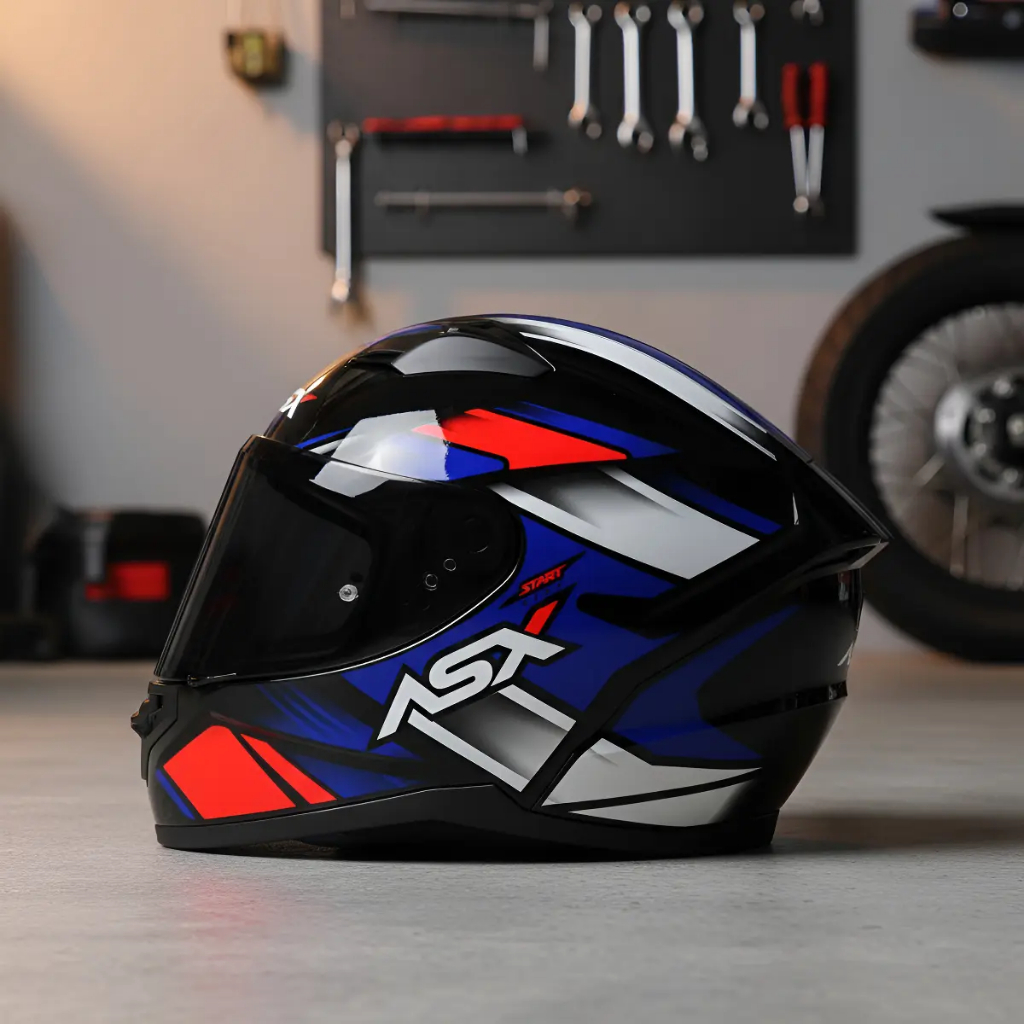Capacete ASX City start Preto Vermelho Azul Brilho Original Com viseira Extra Fumê