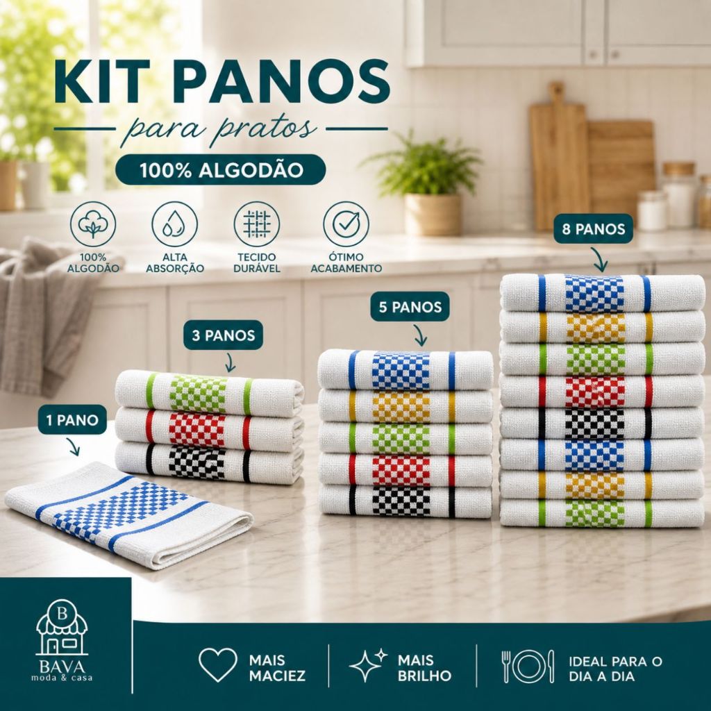 Pano de Prato - Kit com 1 - 3 - 5 e 8 Panos - Alta Absorção | Cores Variadas