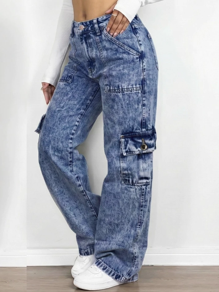 Calça Wide Leg Jeans Feminina Cargo Cintura Alta 100% Algodão Pantalona Premium