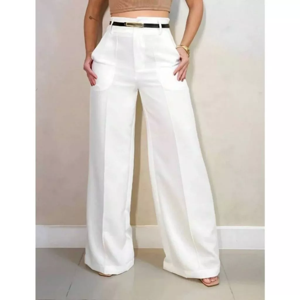Calça Alfaiataria Pantalona Com Ziper Lateral Cintura Alta Com Cinto PROMOÇAO