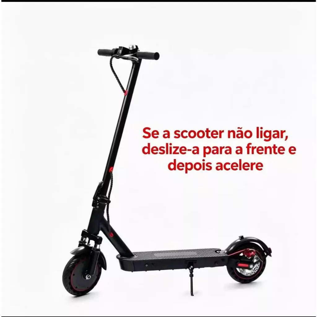 Patinete elétrico dobrável em fundo branco com instrução de uso