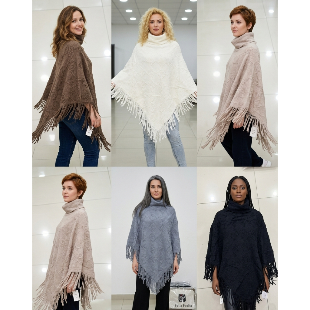 Xale Poncho Feminino Inverno Canelado Elegante Com Gola Alta