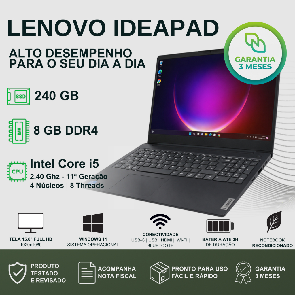 Notebook Lenovo 15,6 | Core I5 11a Ger | Ssd 240gb | Ram 8gb