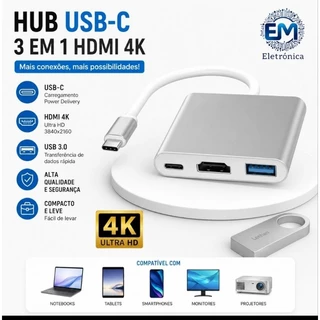 Hub USB-C 3 em 1 HDMI 4K USB 3.0 Tipo C PD Adaptador