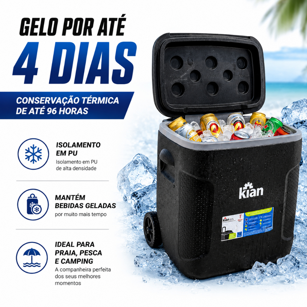 Caixa Térmica Pu 54L Com Rodas Alças Porta Copos Cooler Latas