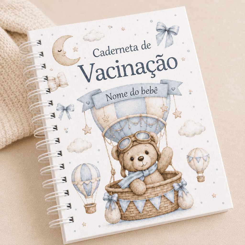 Caderneta de Vacinação do bebê Personalizada com Nome - Ursinho Baloeiro