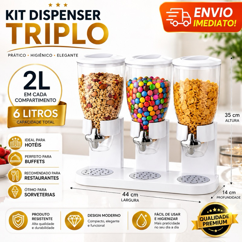 Dispenser Triplo de Graos Cereais 2L Grande Dispenser Sorveteria