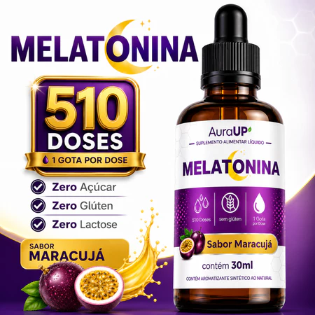 Melatonina Pura 510 Doses Gotas Concentradas Sabor Maracujá 30ml Zero Açúcar Zero Glúten AuraUp
