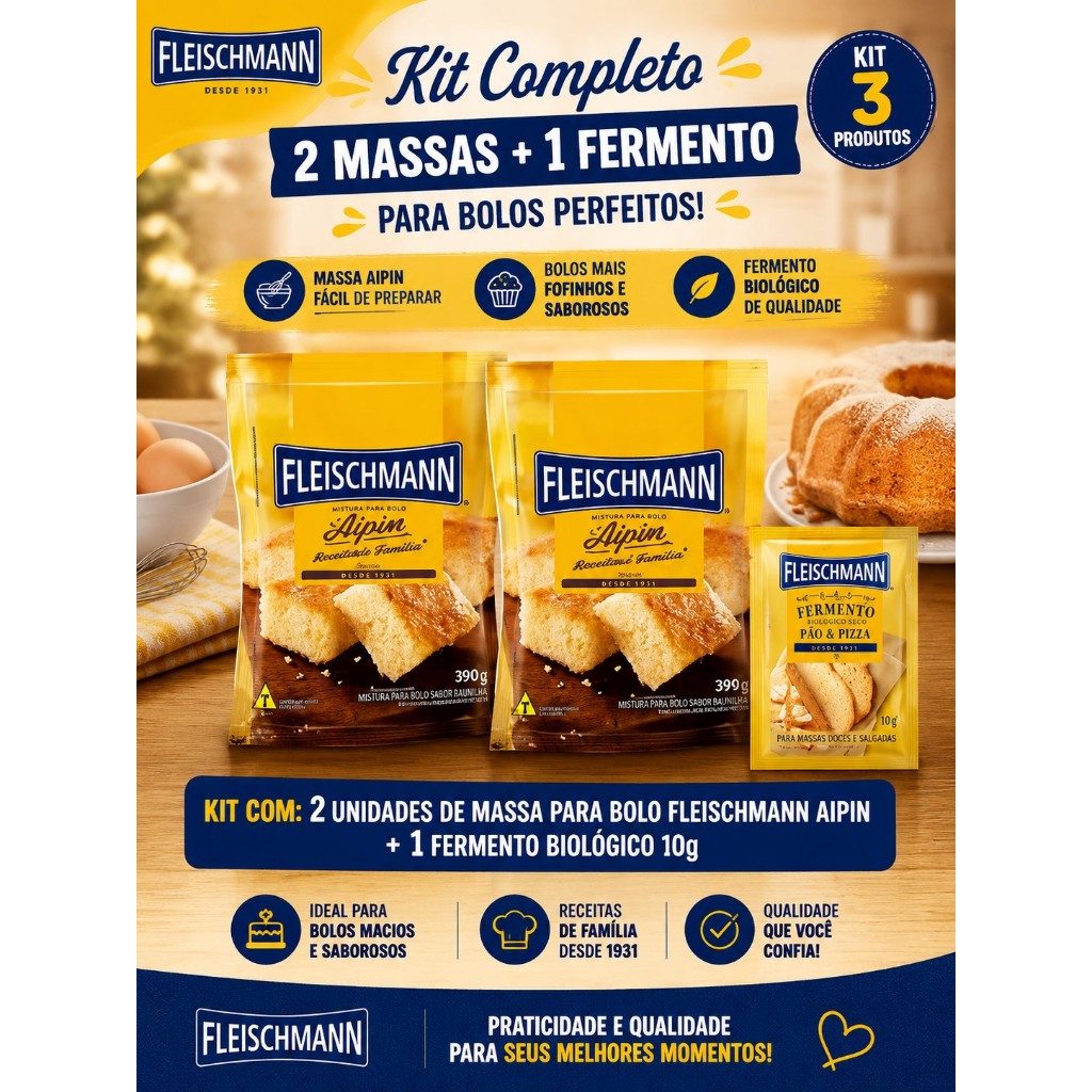 Kit com 2 mistura para bolo Fleichmann + Fermento biológico grátis ...