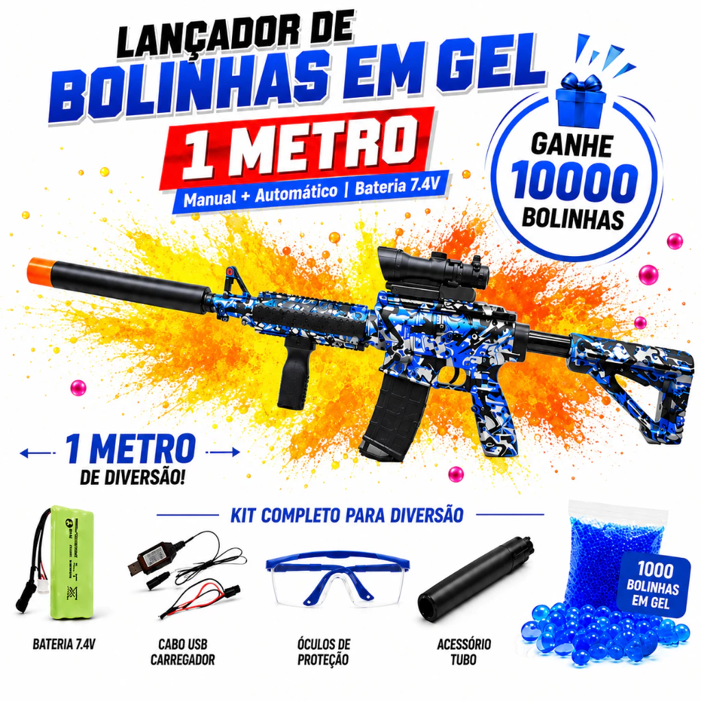 Lançador de Bolinha de Gel M4A1 Grande 1 Metro Potente Automático e Manual c/ Óculos e Acessórios