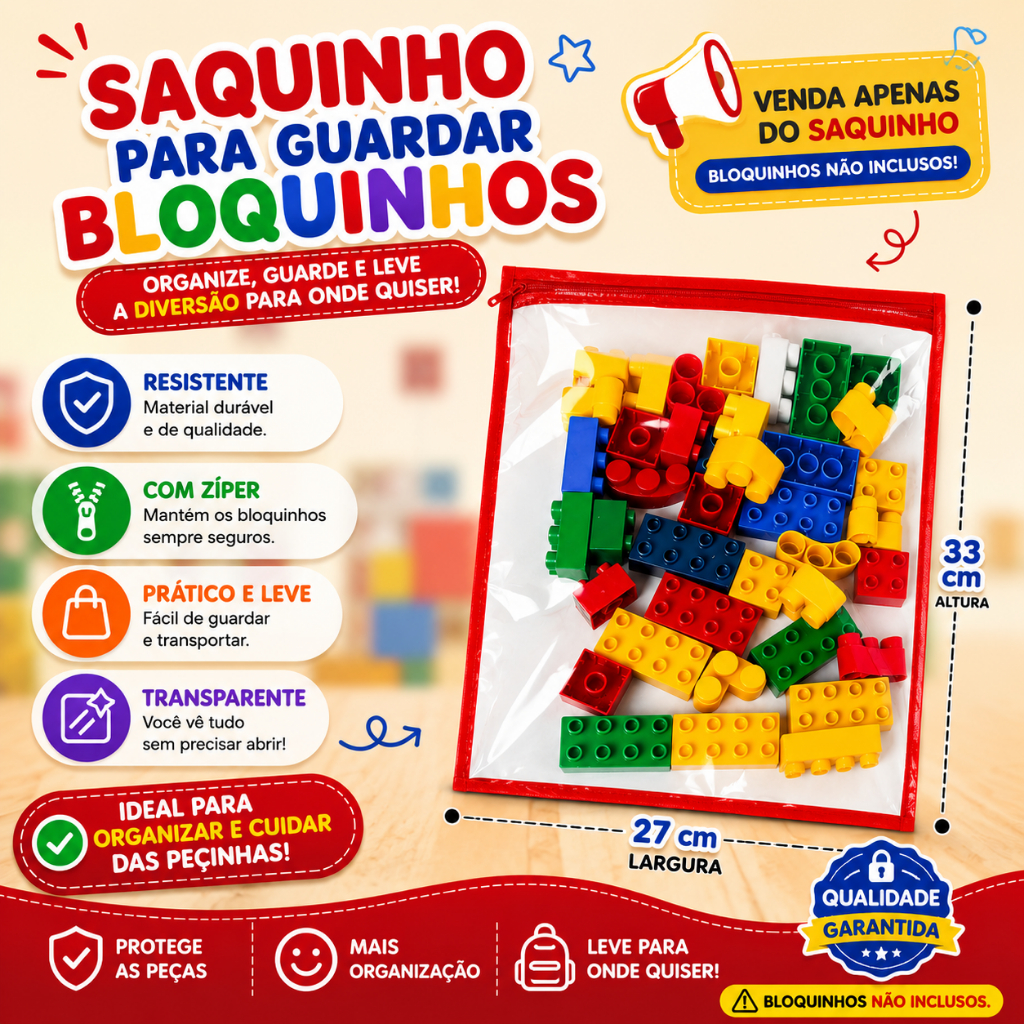 Kit 5/10 Saquinho Organizador Envelope De Brinquedo Quebra Cabeça Lego C/Zíper