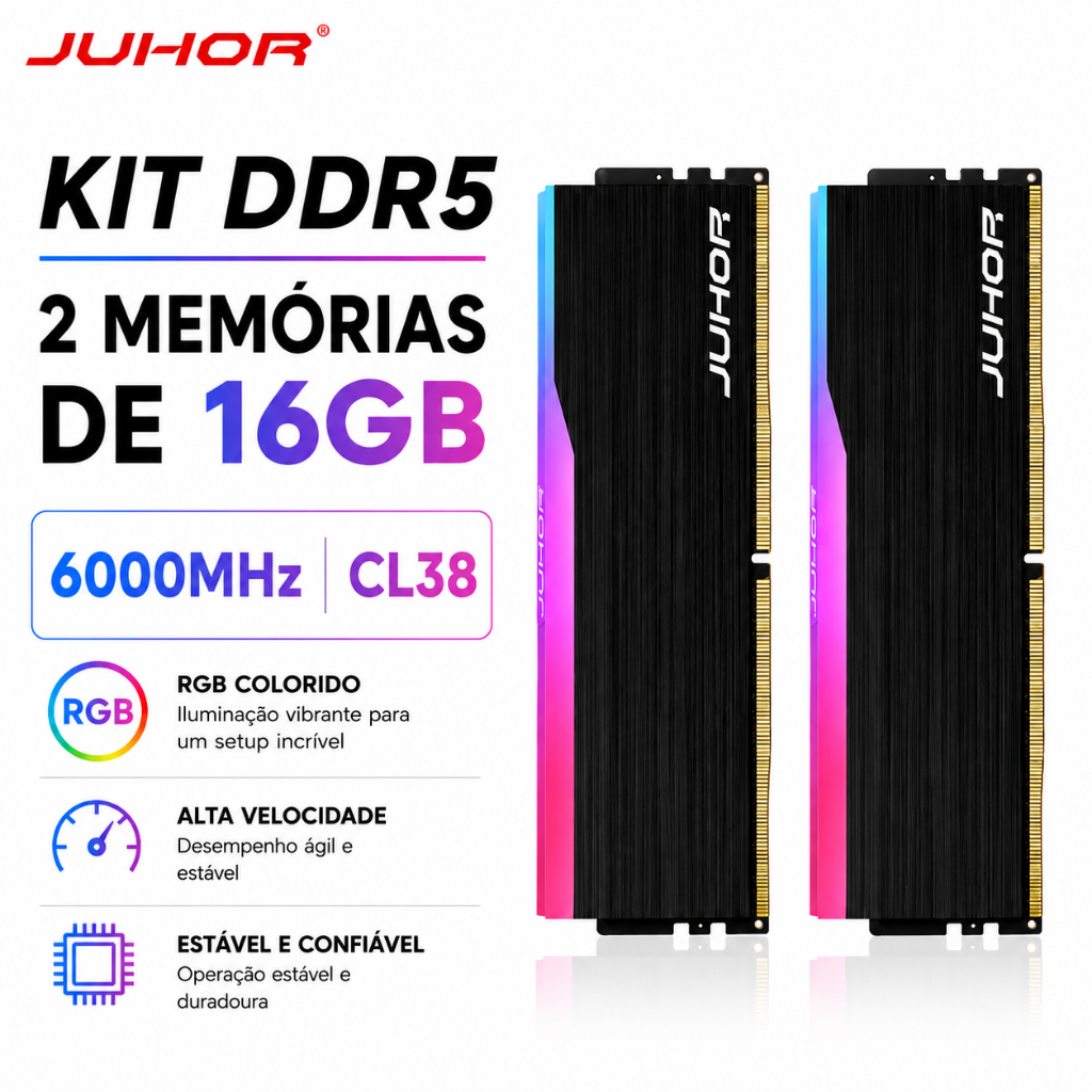 COR PRETA COM RGB] Memória DDR5 32GB (2X16GB) KIT 6000MHZ CHIP