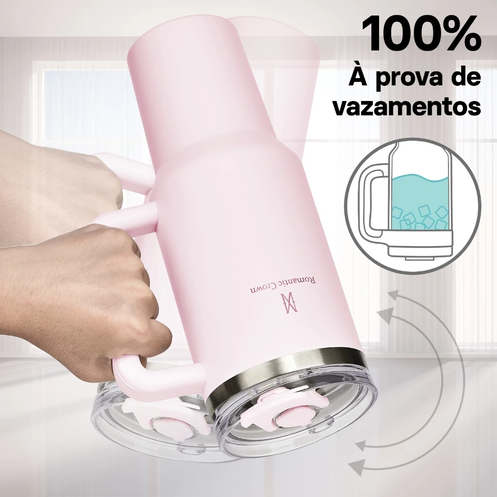 ROMANTIC CROWN Copo Térmico Inox Portátil 1200ml/600ml/1.2L Garrafa Térmica Inoxidável com Tampa e Canudo