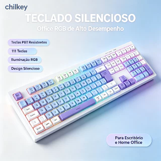 111 Teclado com layout em português, silencioso para escritório e jogos, com iluminação RGB e conexão com fio Ergonômico