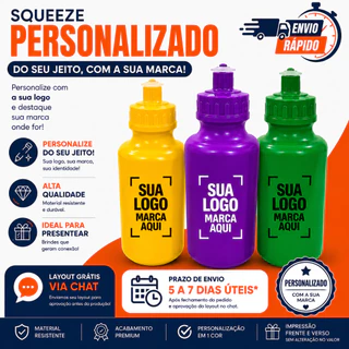 Kit 200 Garrafas Squeeze 500ml Personalizadas com Sua Logo, Com tampa bico, Livre de BPA