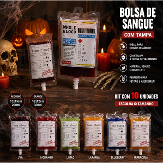 Kit 10 Bolsa de Sangue Falso / Bolsa de Bebida com Tampa Festa Fantasia Decoração Halloween