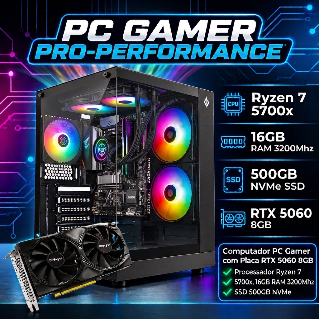 Computador CPU PC Gamer Ryzen 7 5700x Water Cooler 240mm 16GB SSD