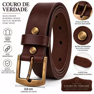 Cinto De Couro Legítimo com Fivela Metal Douada 3cm Casual Social Resistente