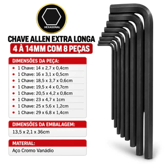 Jogo Chave Allen Extra Longa 4 A 14mm Crv - Corneta