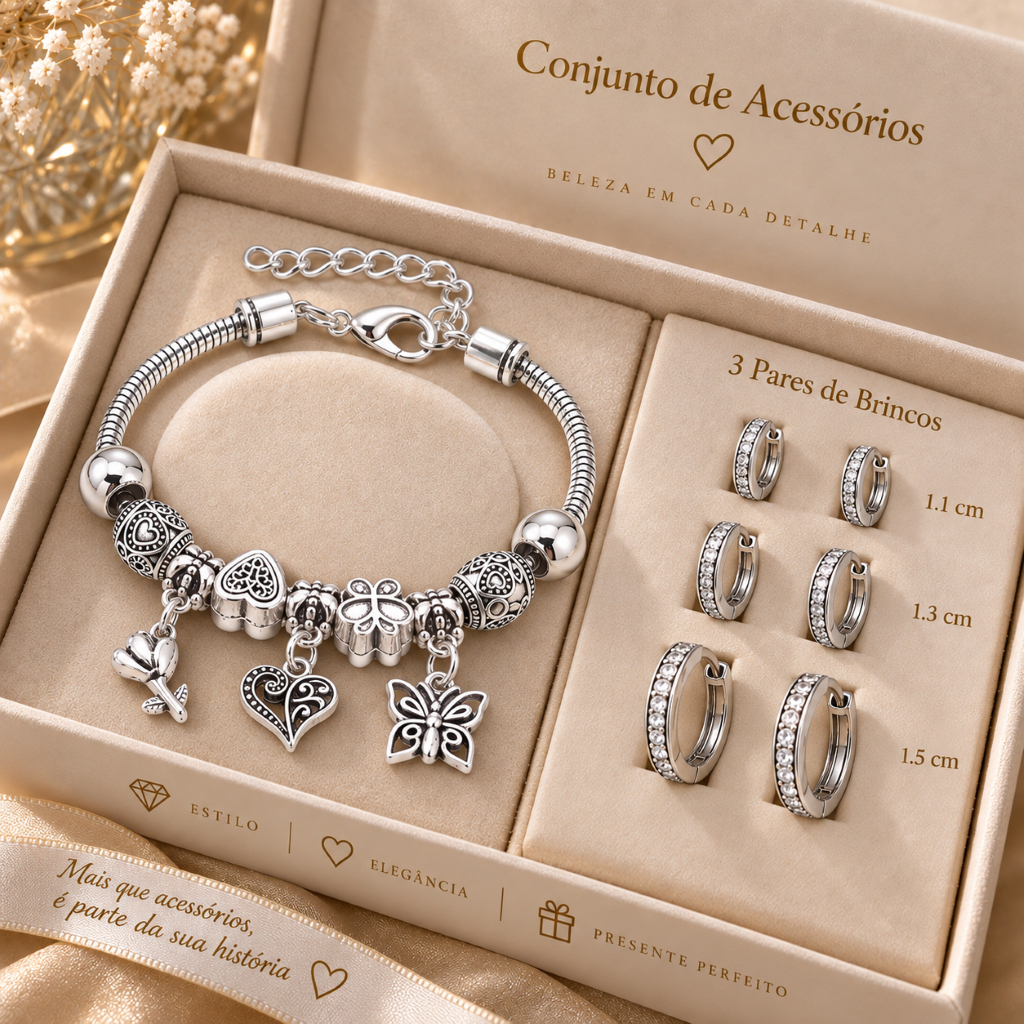 Kit Presente Feminino Pulseira com Charms Modelo Aleatório + 3 Pares de ...