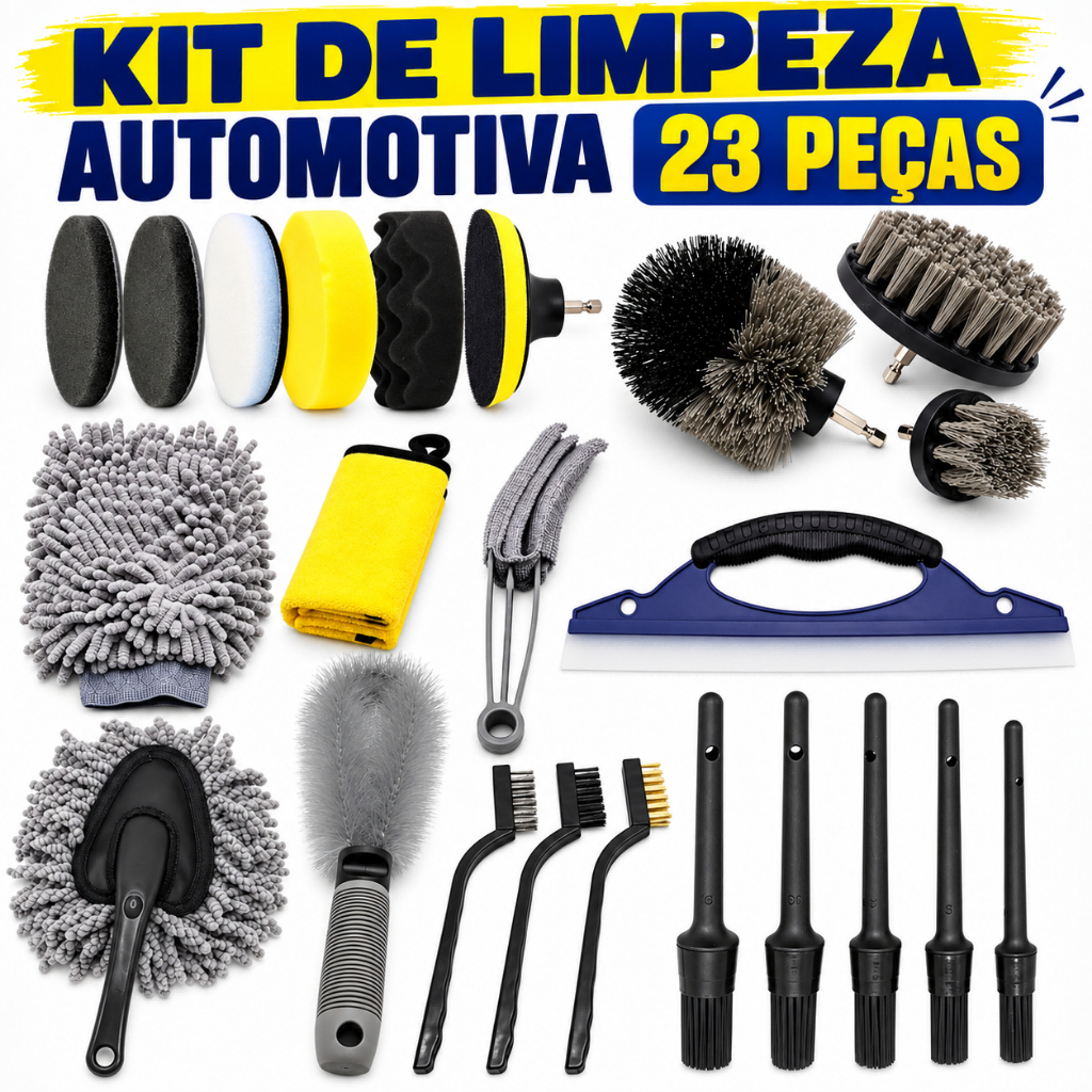 Kit 23 Peças Escova Detalhamento Automotivo - Saco Lavagem com Toalha e Pneu para Limpeza Completa