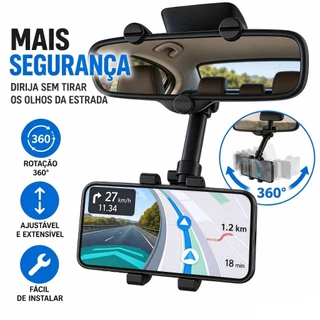 Suporte de Celular Retrovisor Carro Extensível Giro 360º Ajustável Todos Celular Fácil Instalação